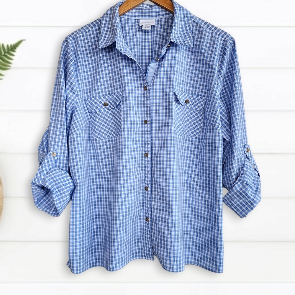 Jaclyn Smith | Gingham Button Down Roll Tab Casual Top Shirt Blue White Women XL